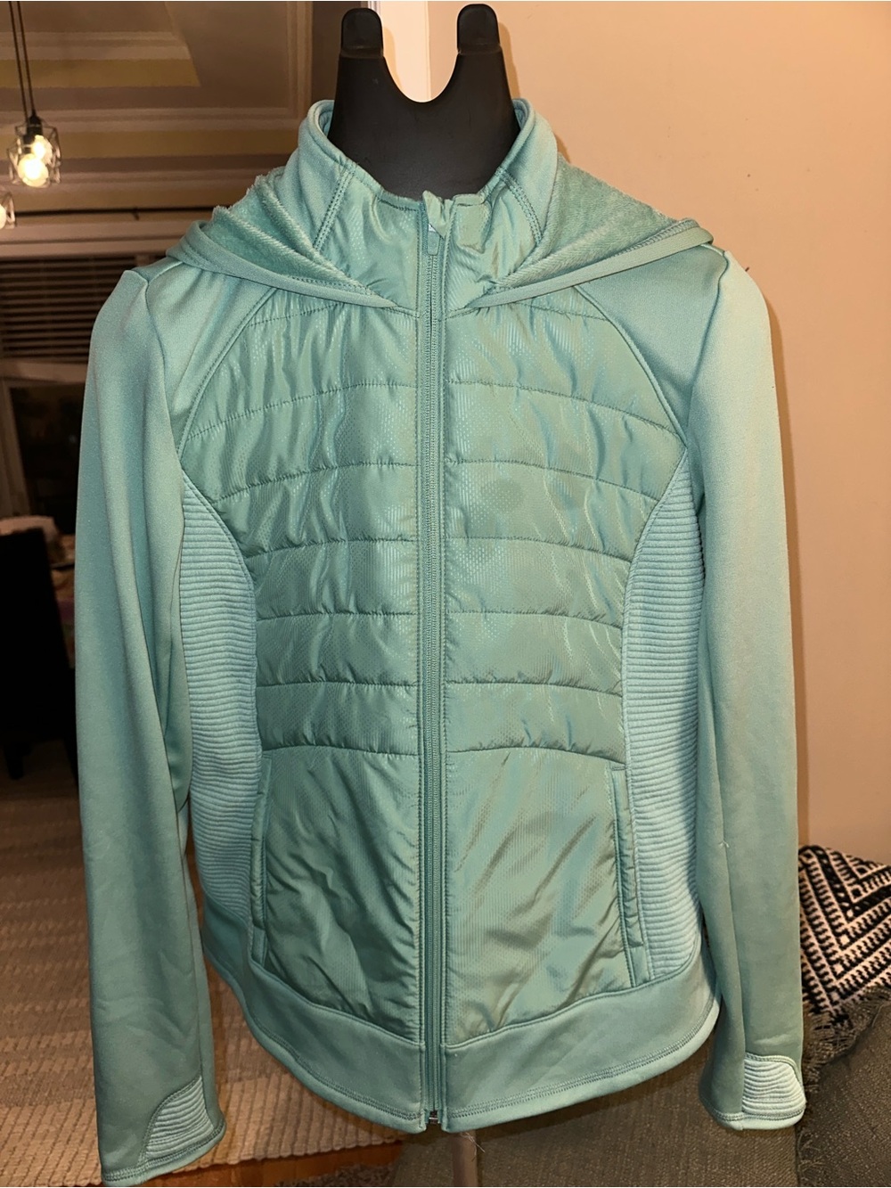 Mint green Quilted Zip-Up Hoodie Jacket